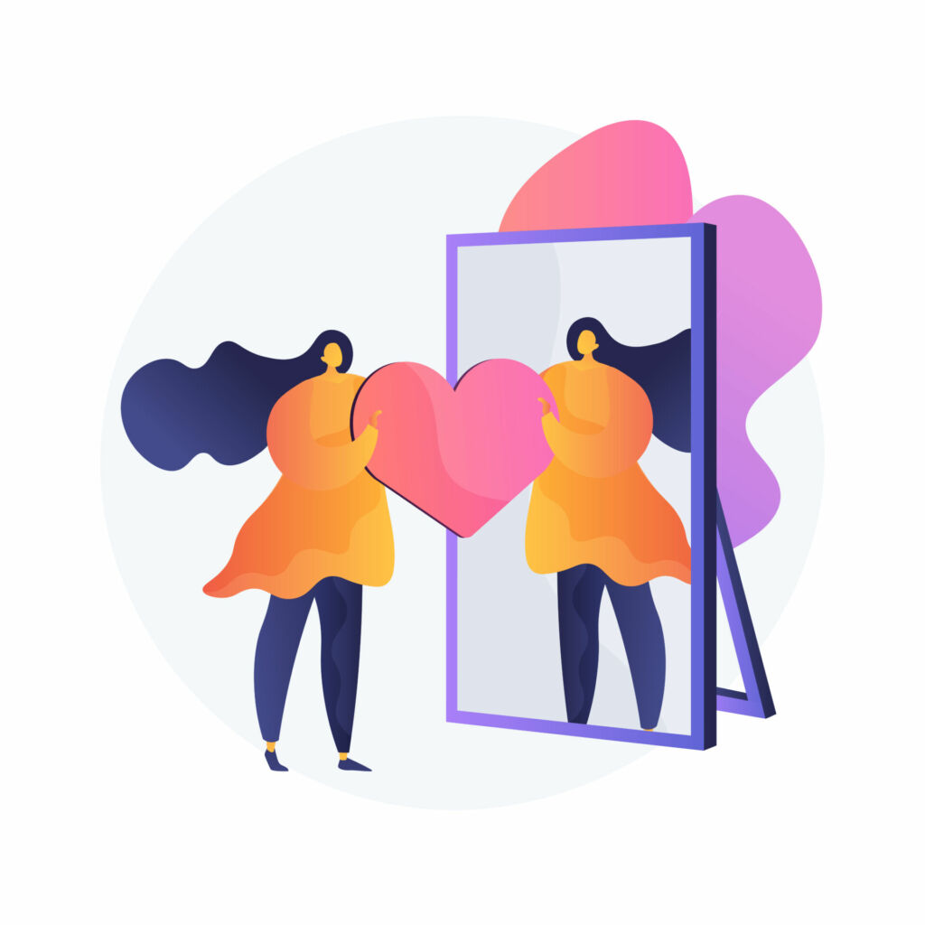 Um desenho de mulher com um coração em frente ao espelho, representando o amor-próprio